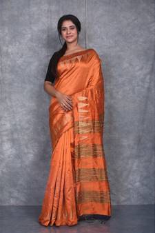 orange Handloom Dupion Silk Saree With Temple Border saree with blouse