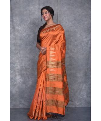 orange Handloom Dupion Silk Saree With Temple Border saree with blouse 2