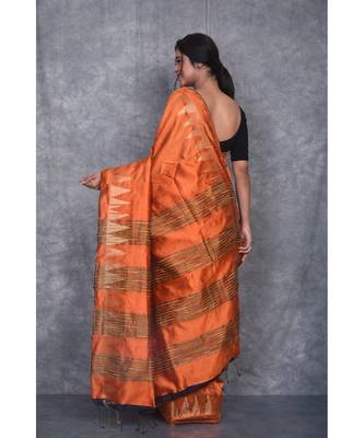 orange Handloom Dupion Silk Saree With Temple Border saree with blouse 3
