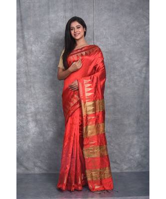 blood red Handloom Dupion Silk Saree With Temple Border saree with blouse 1
