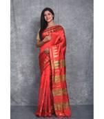 blood red Handloom Dupion Silk Saree With Temple Border saree with blouse