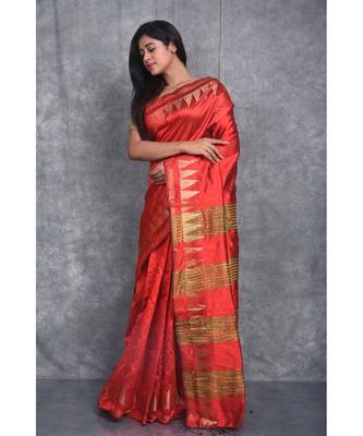 blood red Handloom Dupion Silk Saree With Temple Border saree with blouse 2