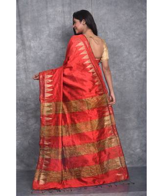 blood red Handloom Dupion Silk Saree With Temple Border saree with blouse 3