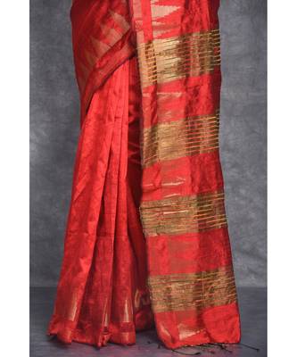 blood red Handloom Dupion Silk Saree With Temple Border saree with blouse 4