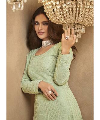 sea green Georgette semi stitched embroidered top & bottom with dupatta 3