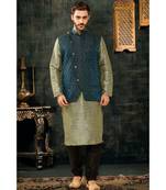 Fashion Curry blue stripes  polysilk kurta set with bluish black jacqurd side cut  jacket
