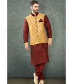 Fashion Curries maroon polysilk kurta set with fawn block print jacket with buttons