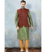 Fashion Curries blue stripes  polysilk kurta set with maroon jacqurd side cut  jacket