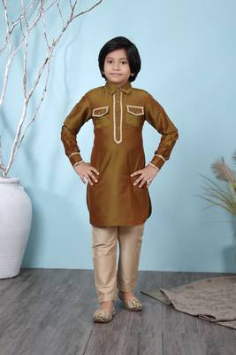 Brown plain cotton silk boys-kurta &-pyjama 1