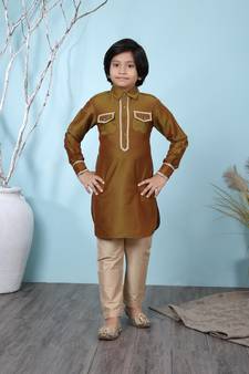 Brown plain cotton silk boys-kurta &-pyjama