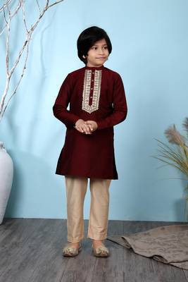 Maroon printed cotton silk boys-kurta &-pyjama 1