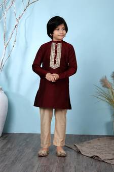Maroon printed cotton silk boys-kurta &-pyjama