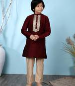 Maroon printed cotton silk boys-kurta &-pyjama