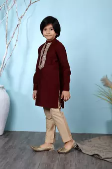 Maroon printed cotton silk boys-kurta &-pyjama