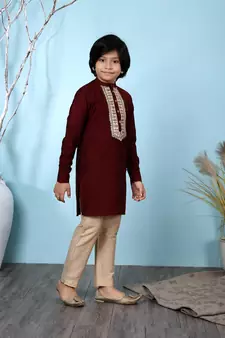 Maroon printed cotton silk boys-kurta &-pyjama