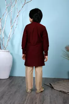 Maroon printed cotton silk boys-kurta &-pyjama