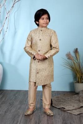 Beige embroidered jaquard boys-sherwani 1