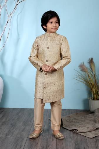 Beige embroidered jaquard boys-sherwani