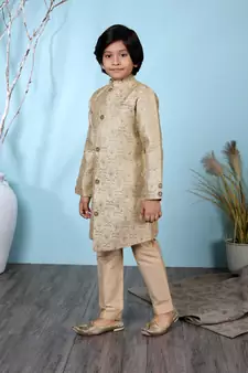 Beige embroidered jaquard boys-sherwani
