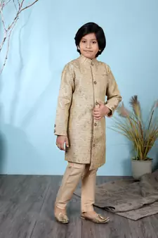 Beige embroidered jaquard boys-sherwani