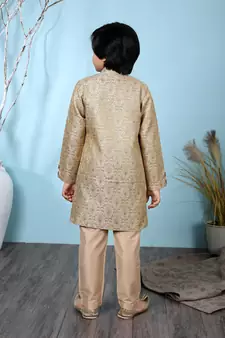 Beige embroidered jaquard boys-sherwani