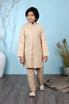 Beige embroidered banarasi silk boys-sherwani 1