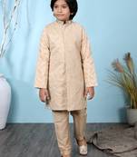 Beige embroidered banarasi silk boys-sherwani