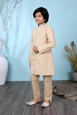 Beige embroidered banarasi silk boys-sherwani 2