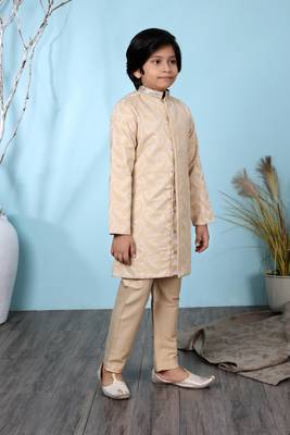 Beige embroidered banarasi silk boys-sherwani 3