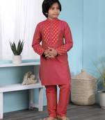 Red printed cotton silk boys-kurta &-pyjama