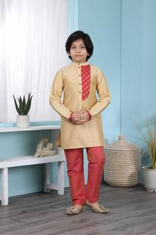 Gold printed cotton silk boys-kurta &-pyjama