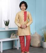 Gold printed cotton silk boys-kurta &-pyjama
