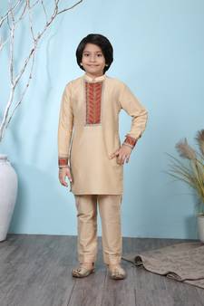 Beige embroidered cotton silk boys-kurta &-pyjama