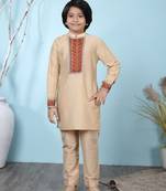 Beige embroidered cotton silk boys-kurta &-pyjama