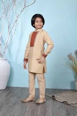 Beige embroidered cotton silk boys-kurta &-pyjama 2