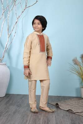 Beige embroidered cotton silk boys-kurta &-pyjama 3