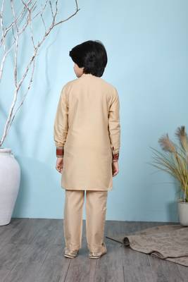 Beige embroidered cotton silk boys-kurta &-pyjama 4