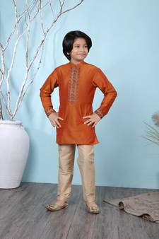Brown embroidered cotton silk boys-kurta &-pyjama