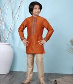 Brown embroidered cotton silk boys-kurta &-pyjama