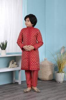 Red printed banarasi silk boys-sherwani