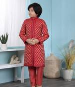 Red printed banarasi silk boys-sherwani