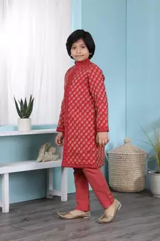 Red printed banarasi silk boys-sherwani