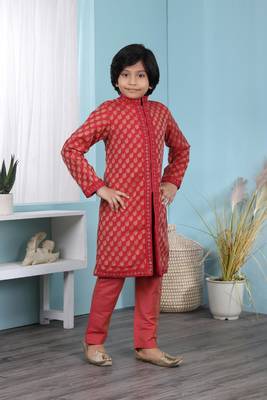 Red printed banarasi silk boys-sherwani 3