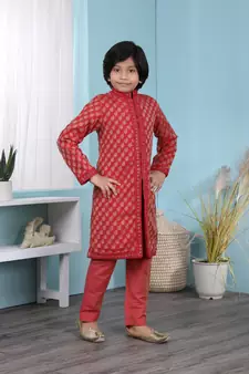 Red printed banarasi silk boys-sherwani