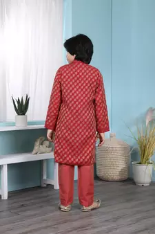 Red printed banarasi silk boys-sherwani