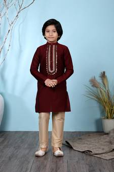 Maroon embroidered cotton silk boys-kurta &-pyjama