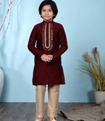 Maroon embroidered cotton silk boys-kurta &-pyjama