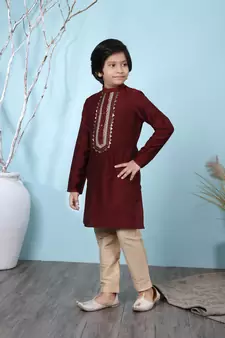 Maroon embroidered cotton silk boys-kurta &-pyjama