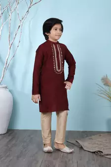 Maroon embroidered cotton silk boys-kurta &-pyjama