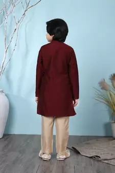Maroon embroidered cotton silk boys-kurta &-pyjama